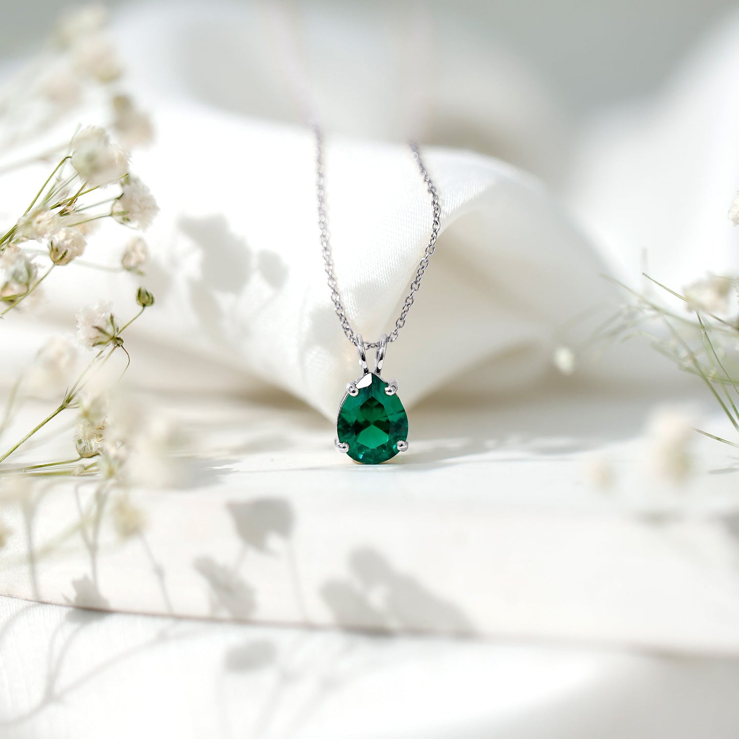 Pear Cut Lab Grown Emerald Solitaire Pendant Necklace With Chain