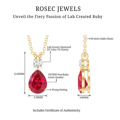 Pear Shape Lab Grown Ruby Teardrop Necklace with Diamond