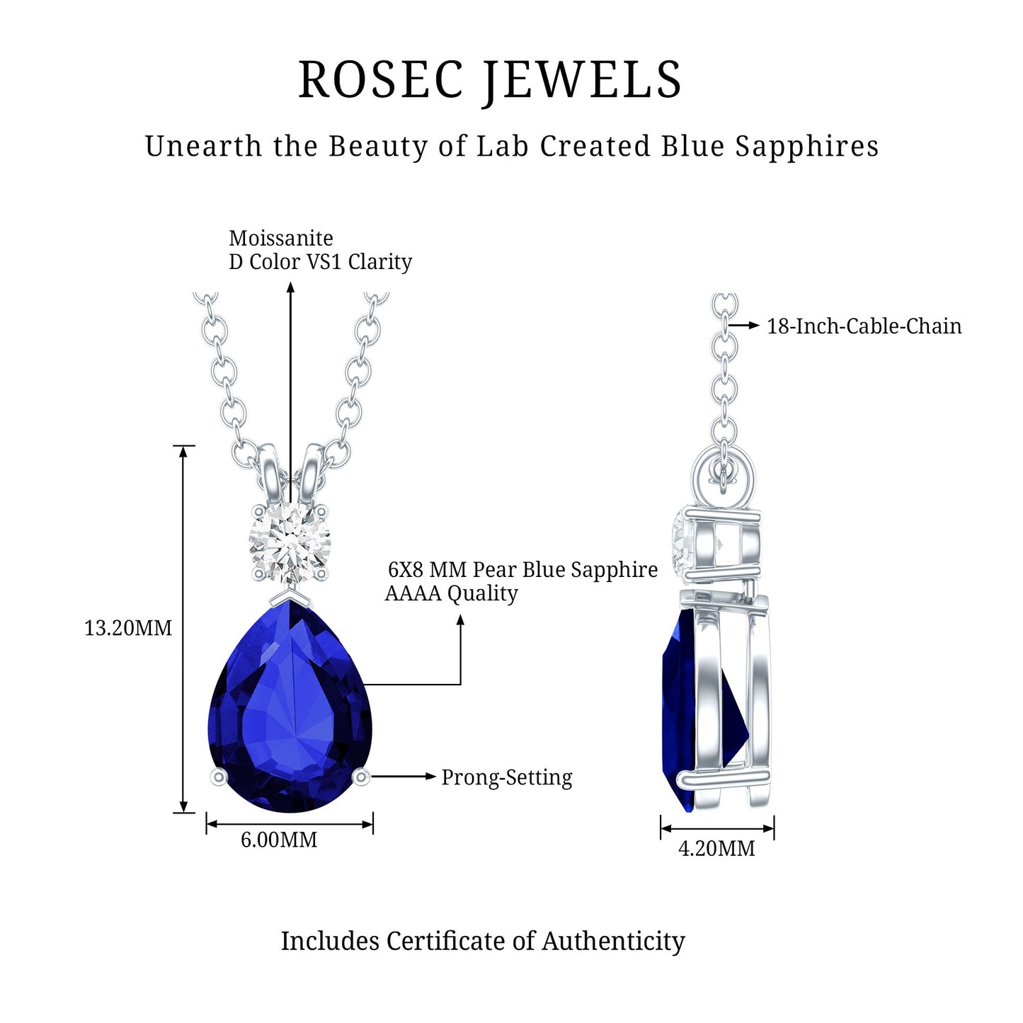 Certified 1.6 Carat Lab Grown Blue Sapphire Teardrop Necklace with Silver Chain