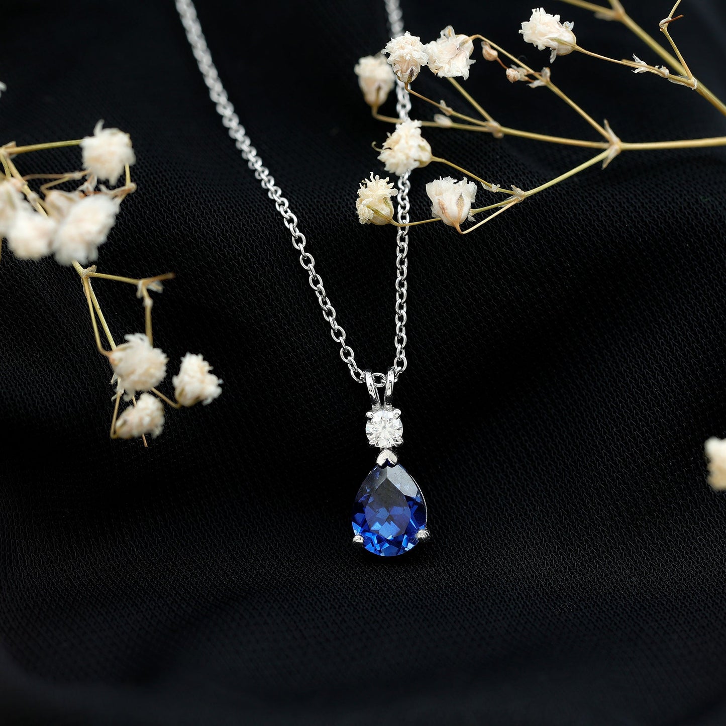 Certified 1.6 Carat Lab Grown Blue Sapphire Teardrop Necklace with Silver Chain