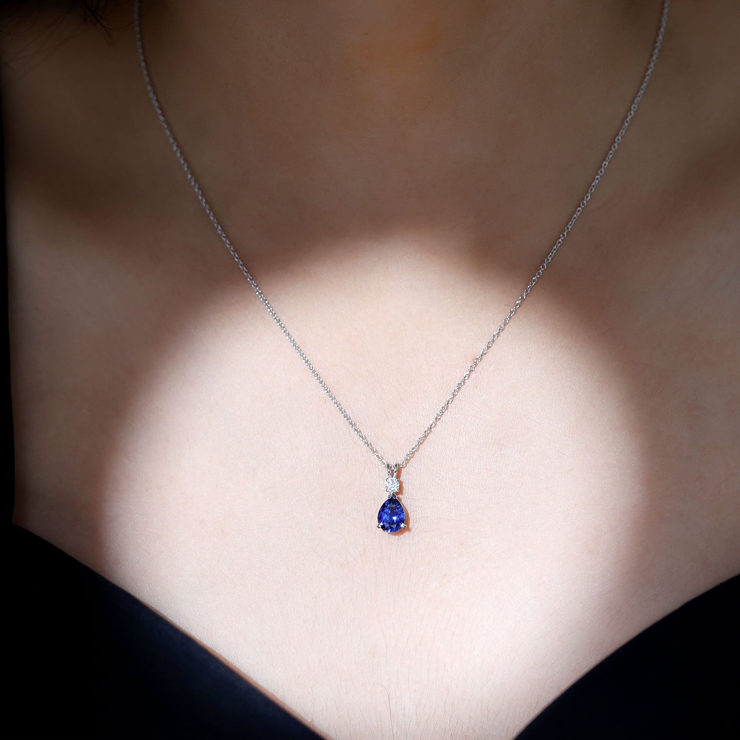 Certified 1.6 Carat Lab Grown Blue Sapphire Teardrop Necklace with Silver Chain