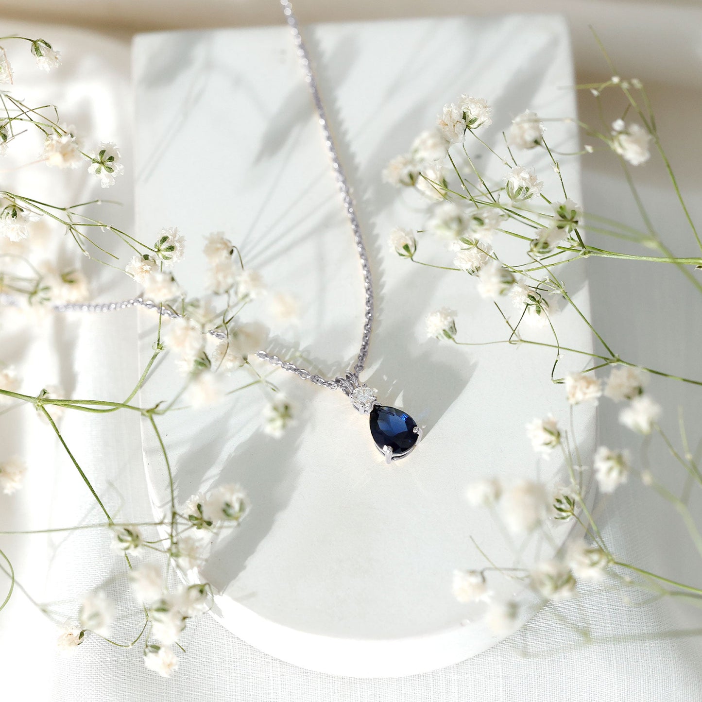 Certified 1.6 Carat Lab Grown Blue Sapphire Teardrop Necklace with Silver Chain