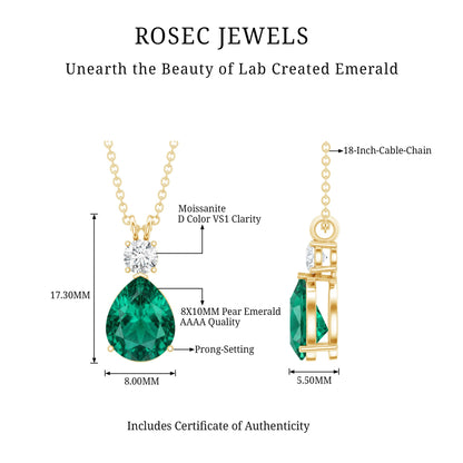 Lab Grown Emerald Teardrop Pendant with Moissanite