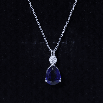 Lab Created Blue Sapphire Teardrop Pendant Necklace with Diamond