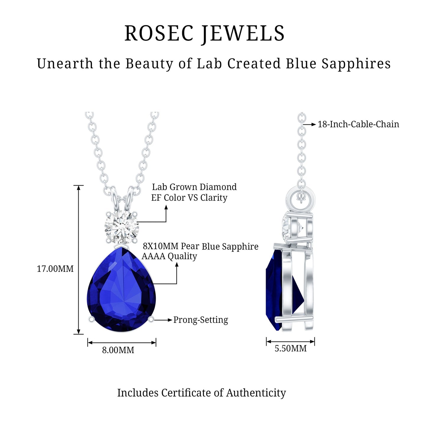 Lab Created Blue Sapphire Teardrop Pendant Necklace with Diamond