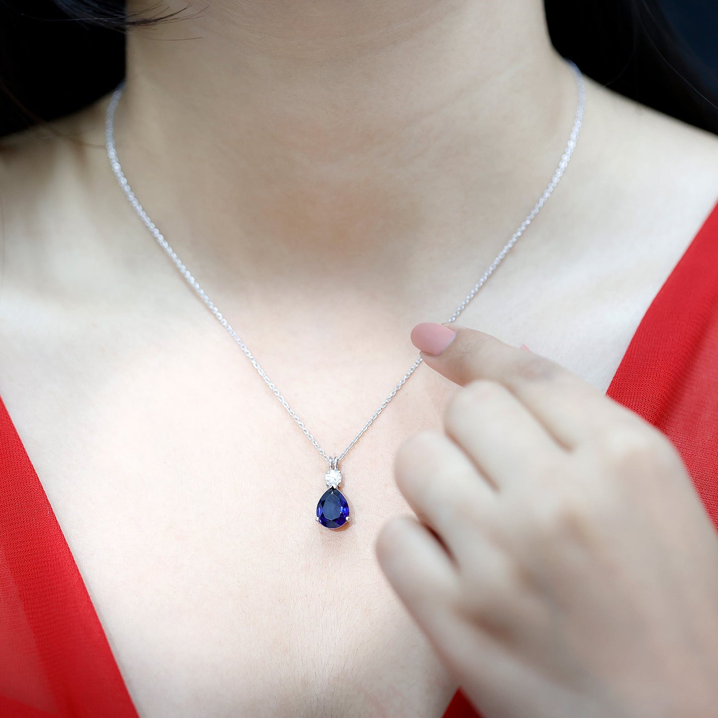 Lab Created Blue Sapphire Teardrop Pendant Necklace with Diamond