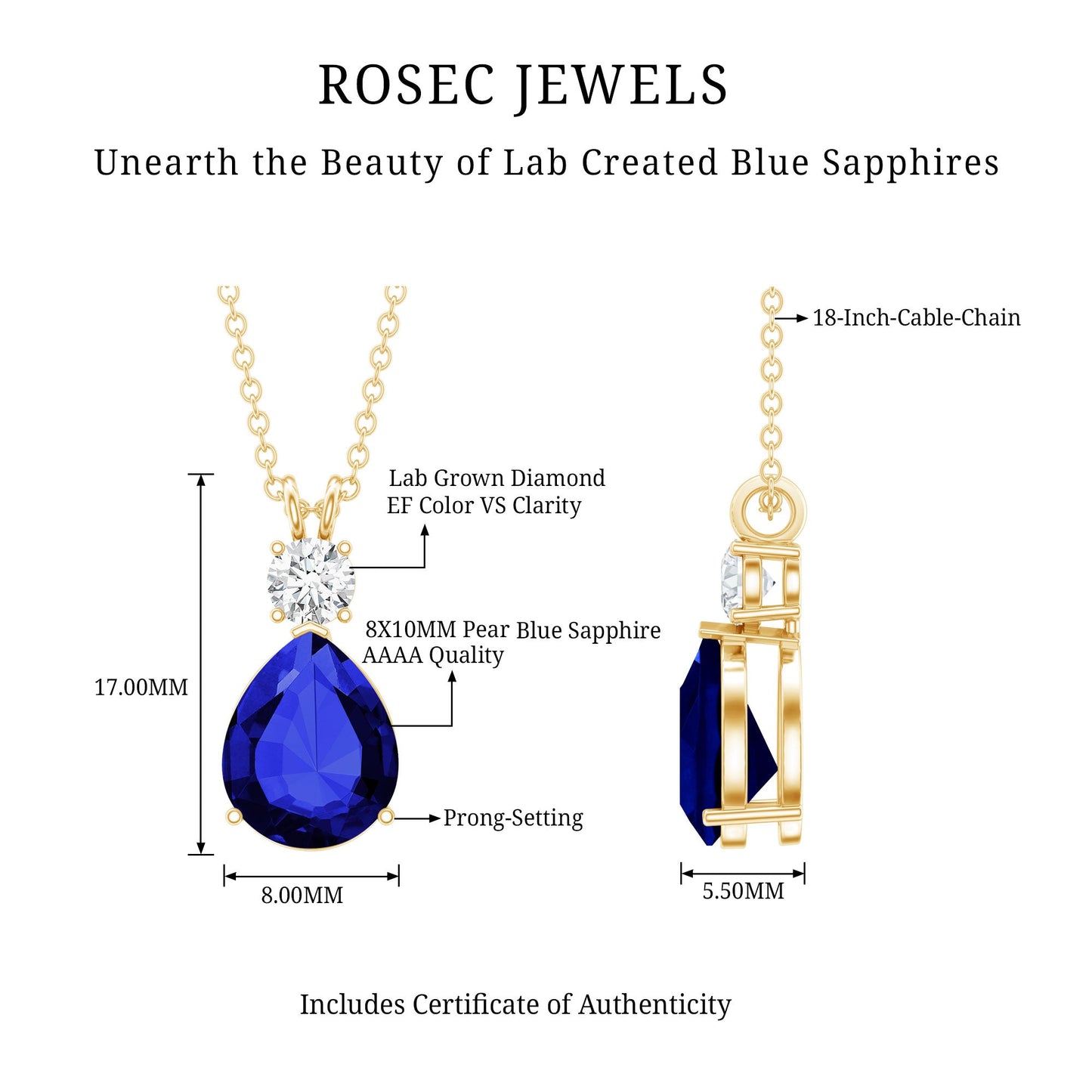 Lab Created Blue Sapphire Teardrop Pendant Necklace with Diamond