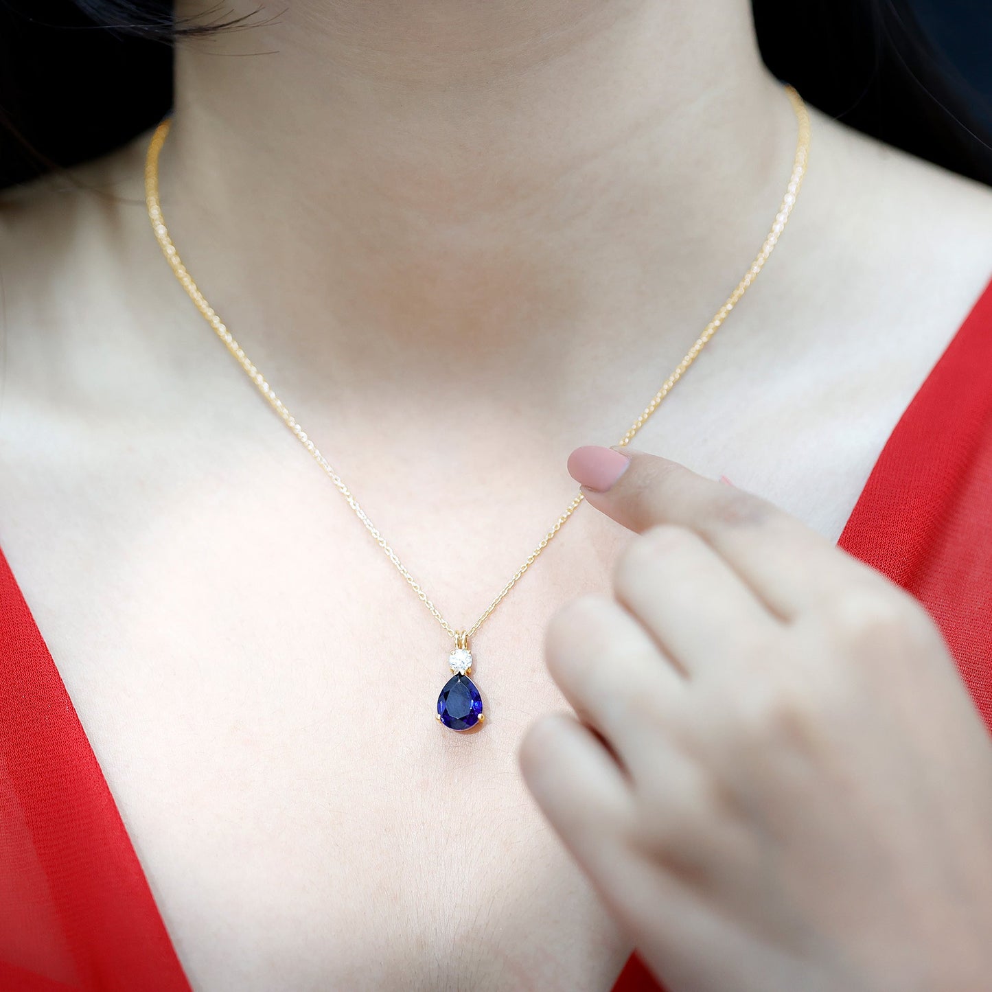 Lab Created Blue Sapphire Teardrop Pendant Necklace with Diamond