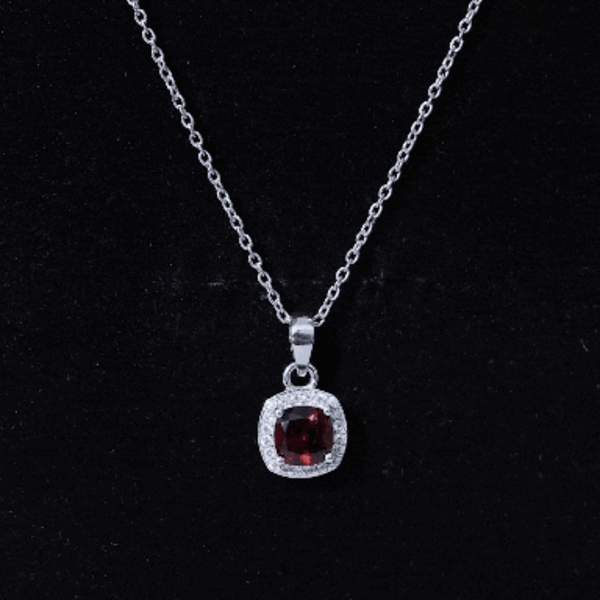 Cushion Cut Garnet and Moissanite Halo Pendant Necklace With Chain