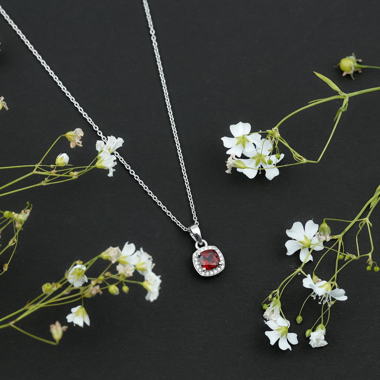 Cushion Cut Garnet and Moissanite Halo Pendant Necklace With Chain