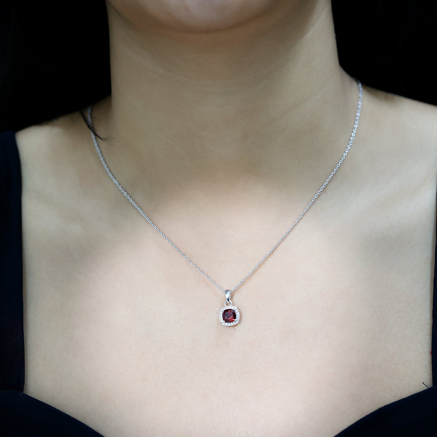 Natural 3 Carat Garnet Halo Necklace with Silver Chain