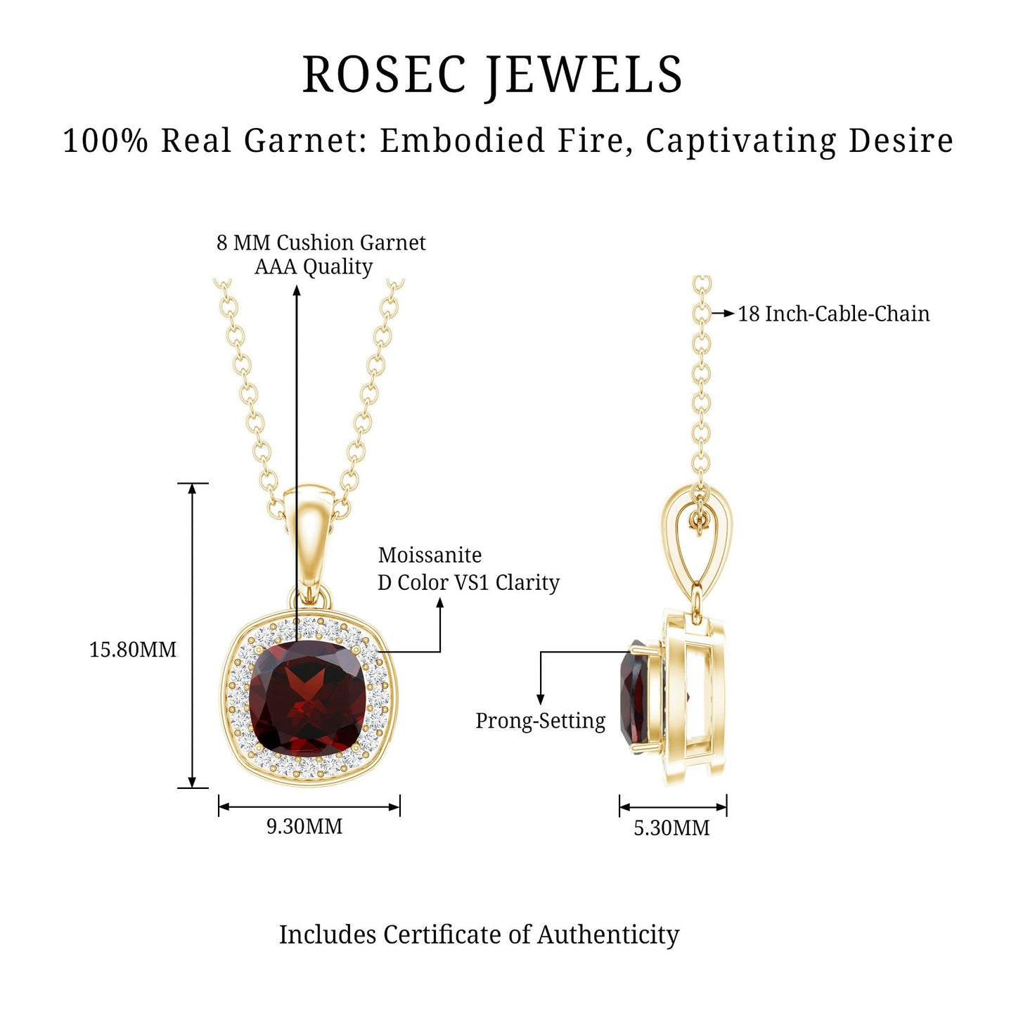 Cushion Cut Garnet and Moissanite Halo Pendant Necklace With Chain
