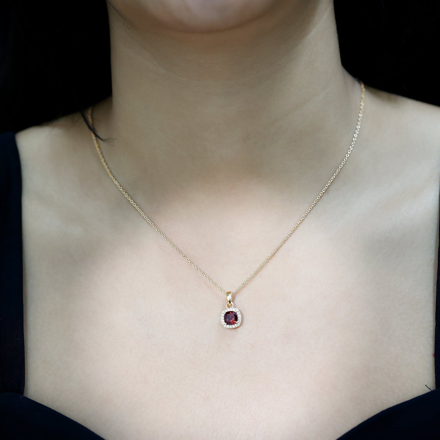 Cushion Cut Garnet and Moissanite Halo Pendant Necklace With Chain