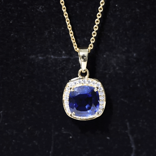 2.7 Carat Cushion Cut Lab Created Blue Sapphire and Diamond Halo Pendant