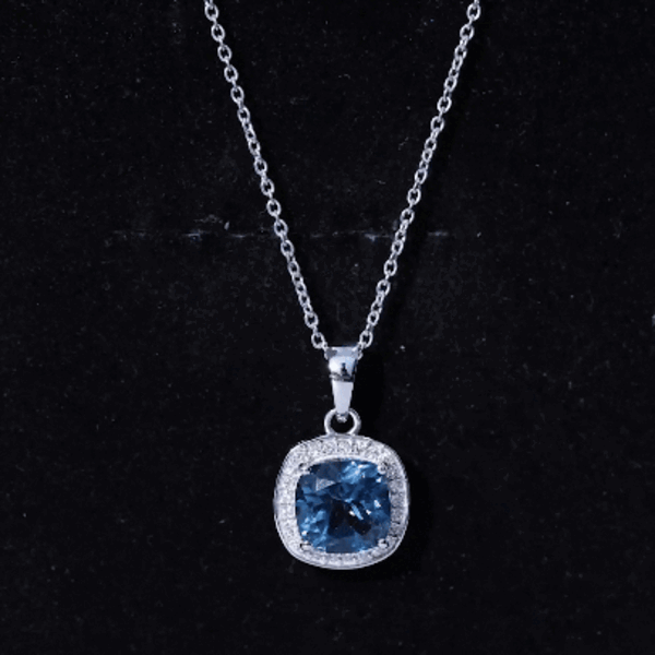 Cushion Cut 2.8 Carat London Blue Topaz Pendant with Diamond Halo