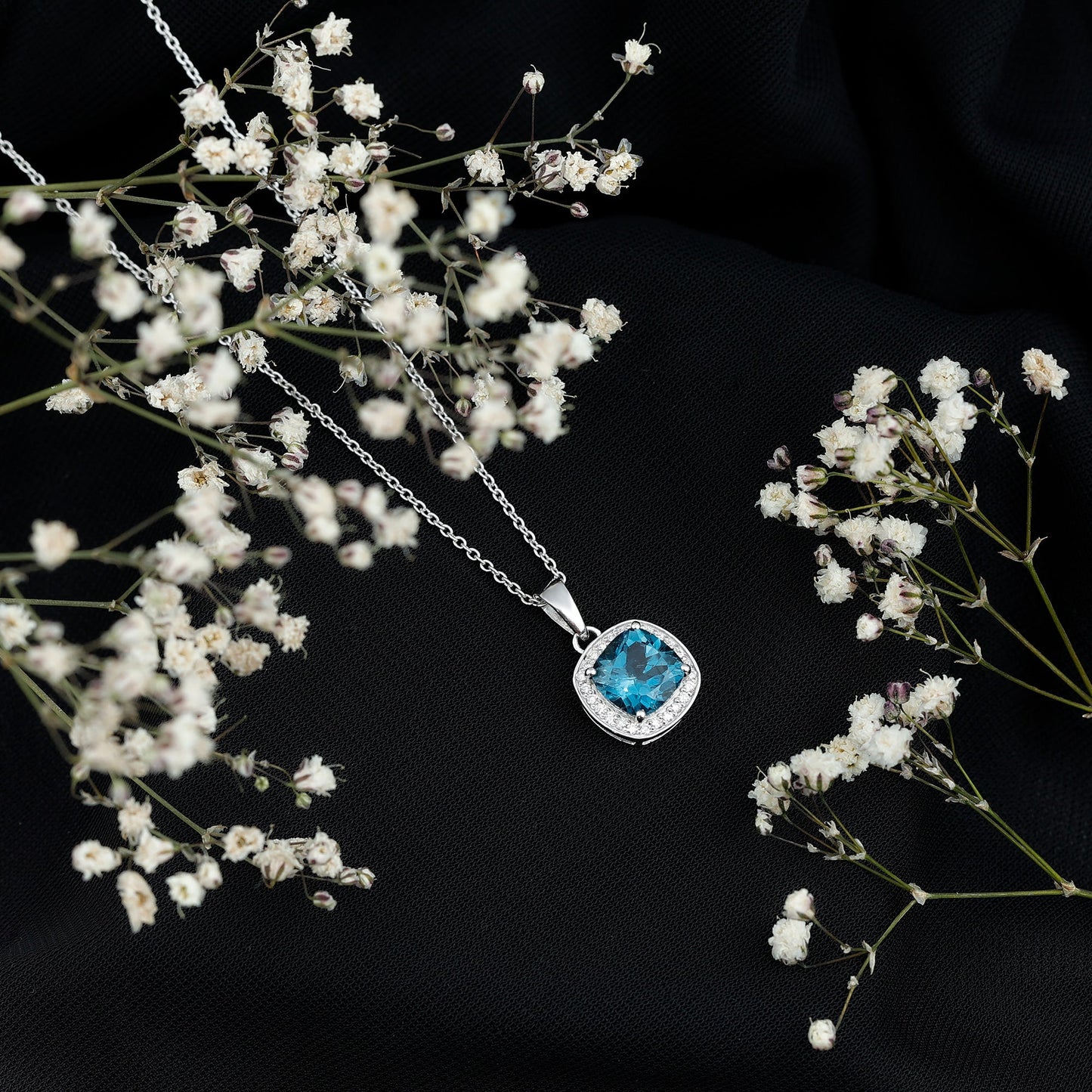 Cushion Cut 2.8 Carat London Blue Topaz Pendant with Diamond Halo