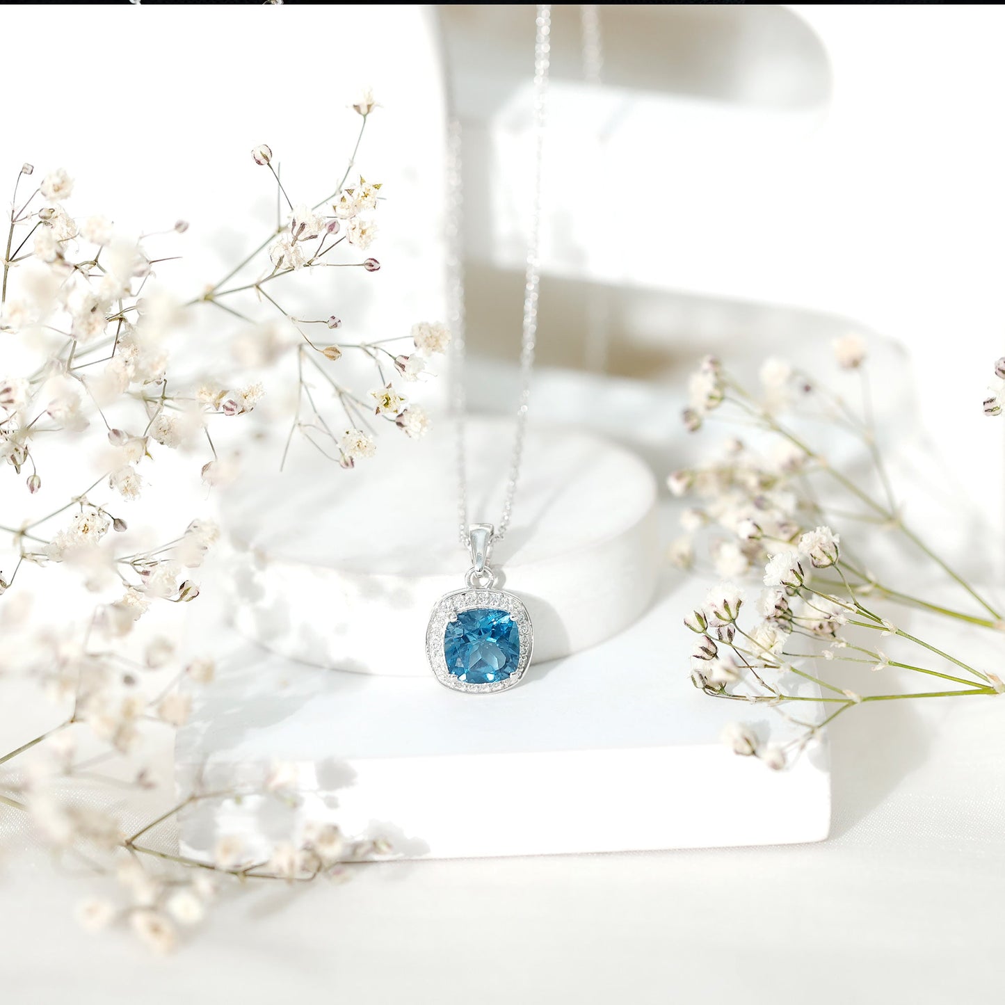 Cushion Cut 2.8 Carat London Blue Topaz Pendant with Diamond Halo