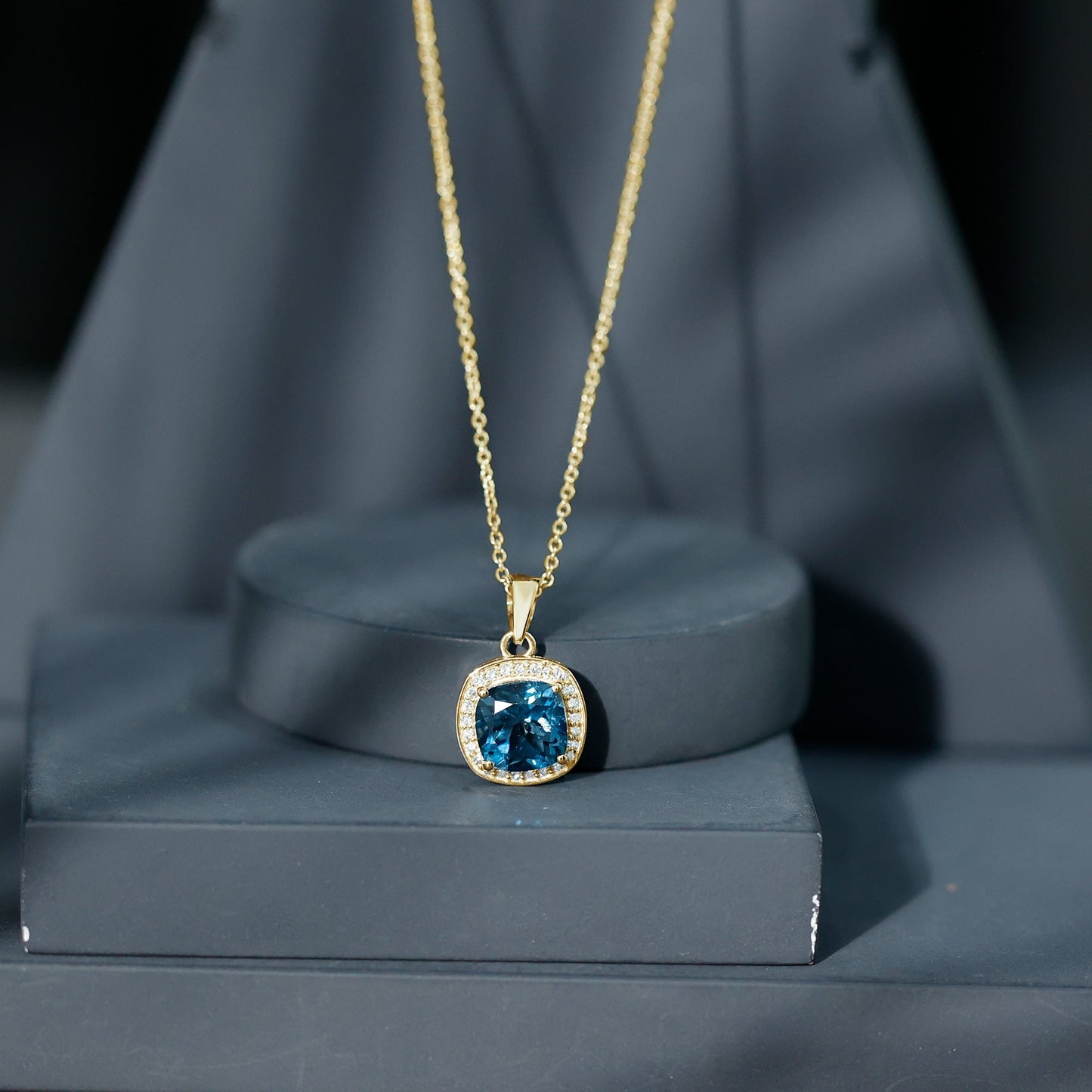 Cushion Cut 2.8 Carat London Blue Topaz Pendant with Diamond Halo