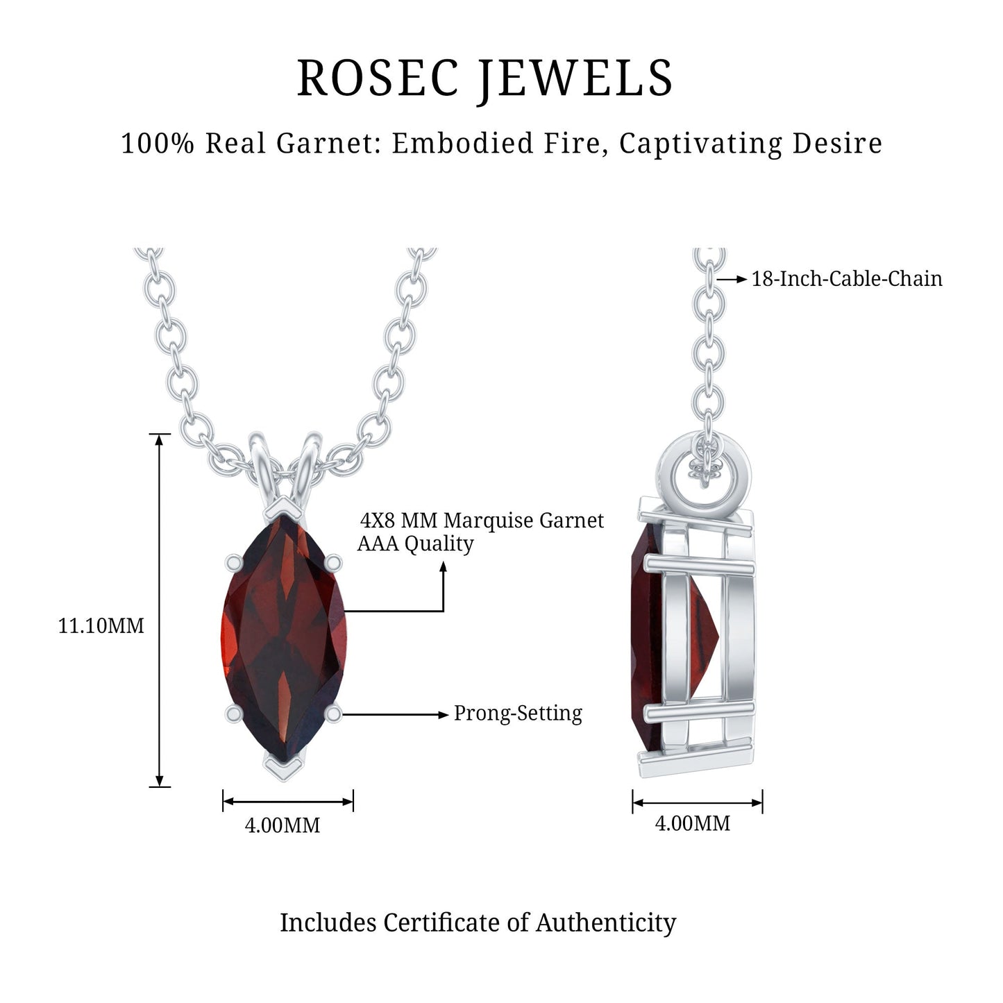 Real 0.75 Carat Garnet Marquise Necklace with Chain
