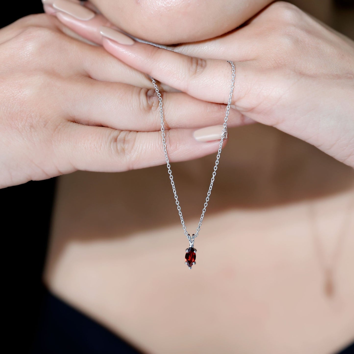 0.75 Carat Marquise Cut Garnet Solitaire Necklace With Chain