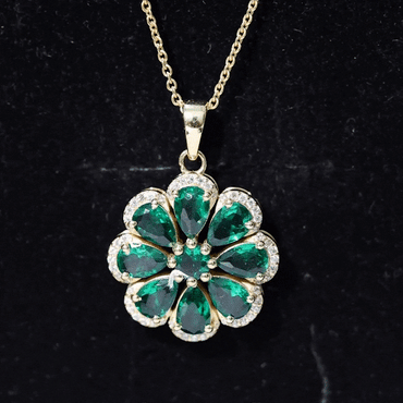 Womens Lab Grown Emerald Flower Necklace with Chain