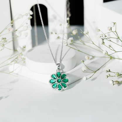 Womens Lab Grown Emerald Flower Necklace with Chain
