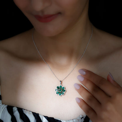 Womens Lab Grown Emerald Flower Necklace with Chain