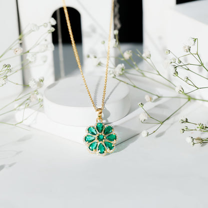 Womens Lab Grown Emerald Flower Necklace with Chain
