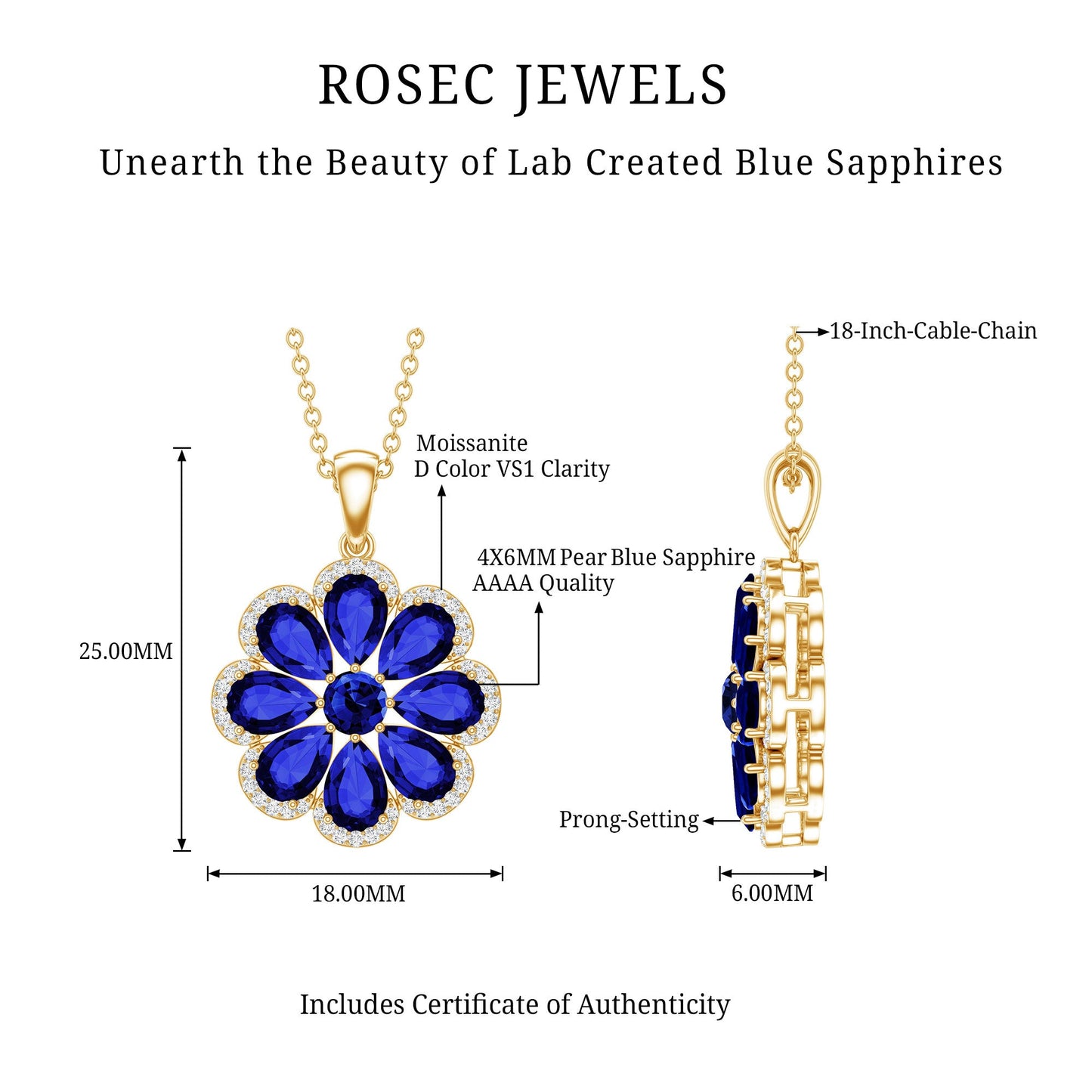 Lab Created Blue Sapphire Flower Necklace with Moissanite Halo