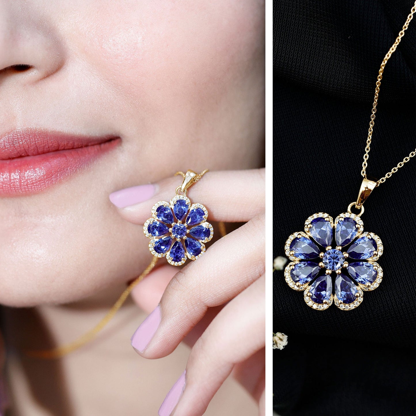Lab Created Blue Sapphire Flower Necklace with Moissanite Halo