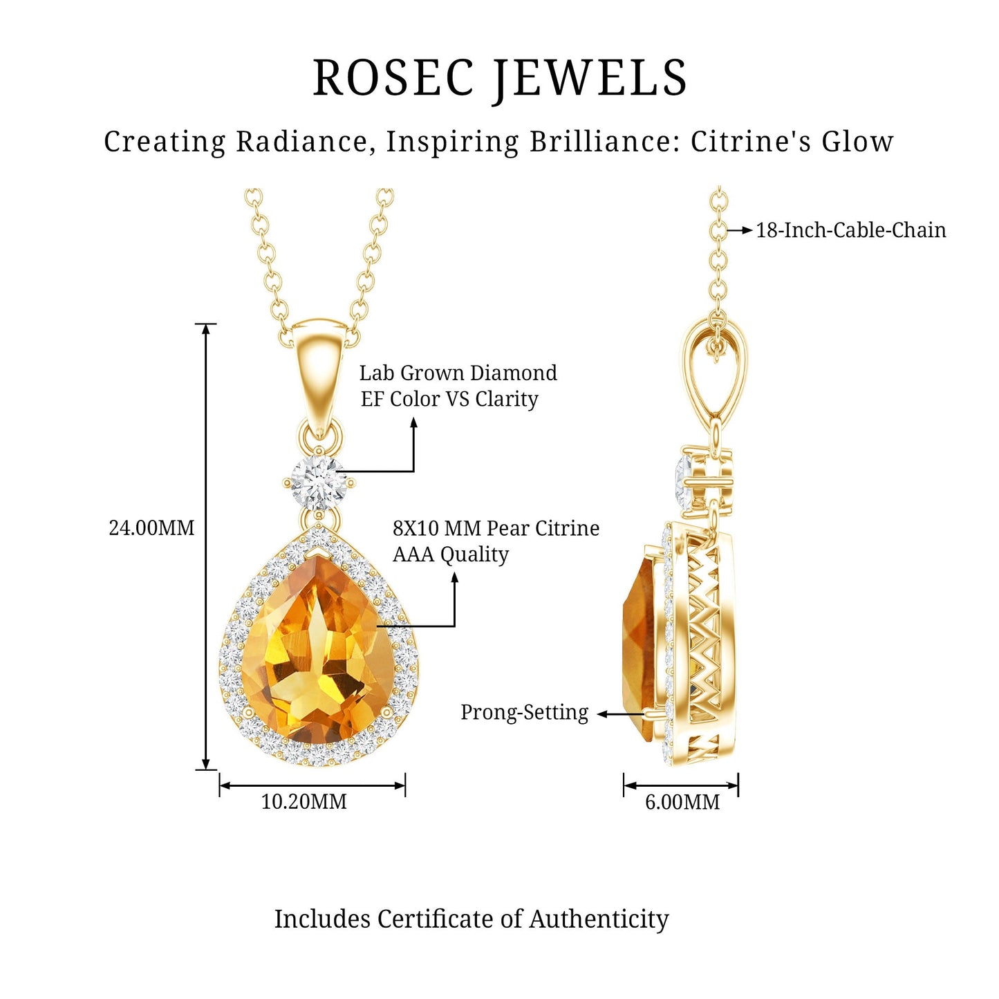 Certified 2 Carat Citrine Teardrop Pendant Necklace with Diamond Halo