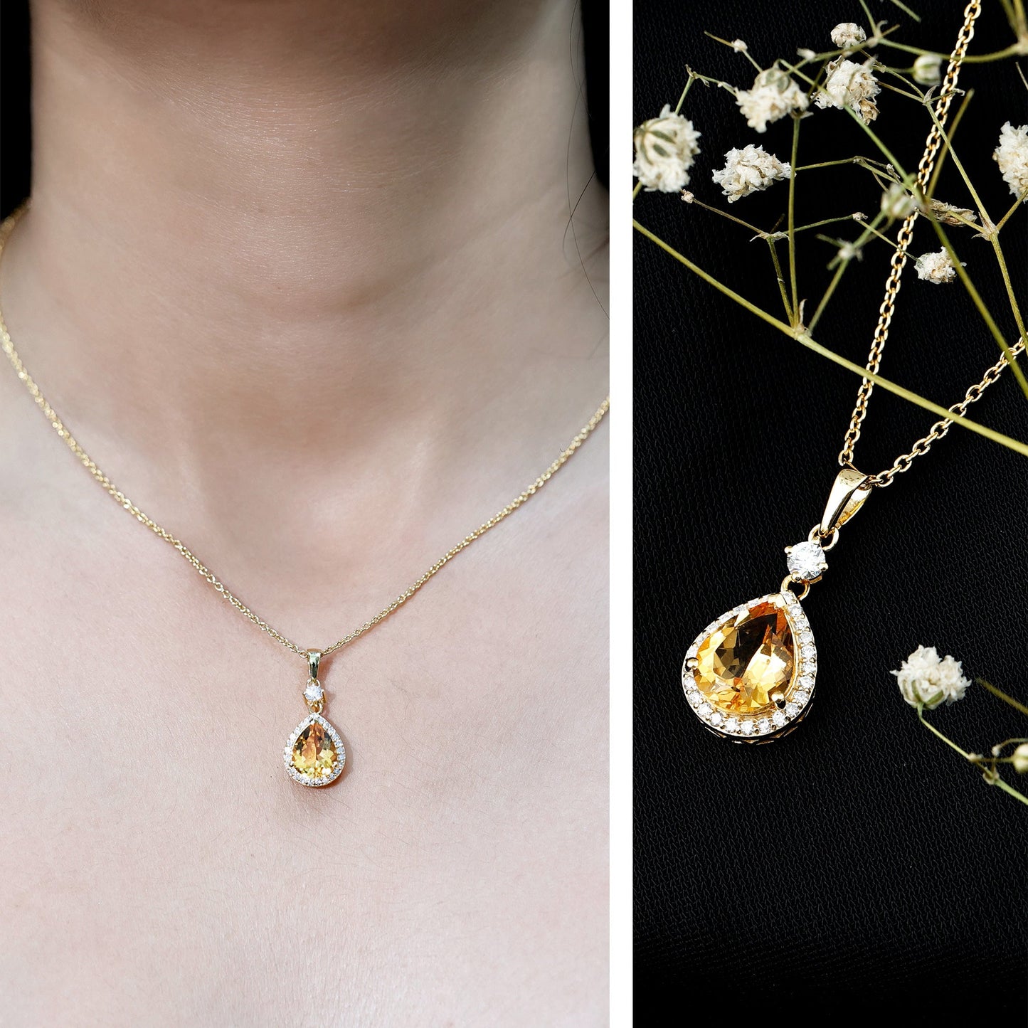 Certified 2 Carat Citrine Teardrop Pendant Necklace with Diamond Halo