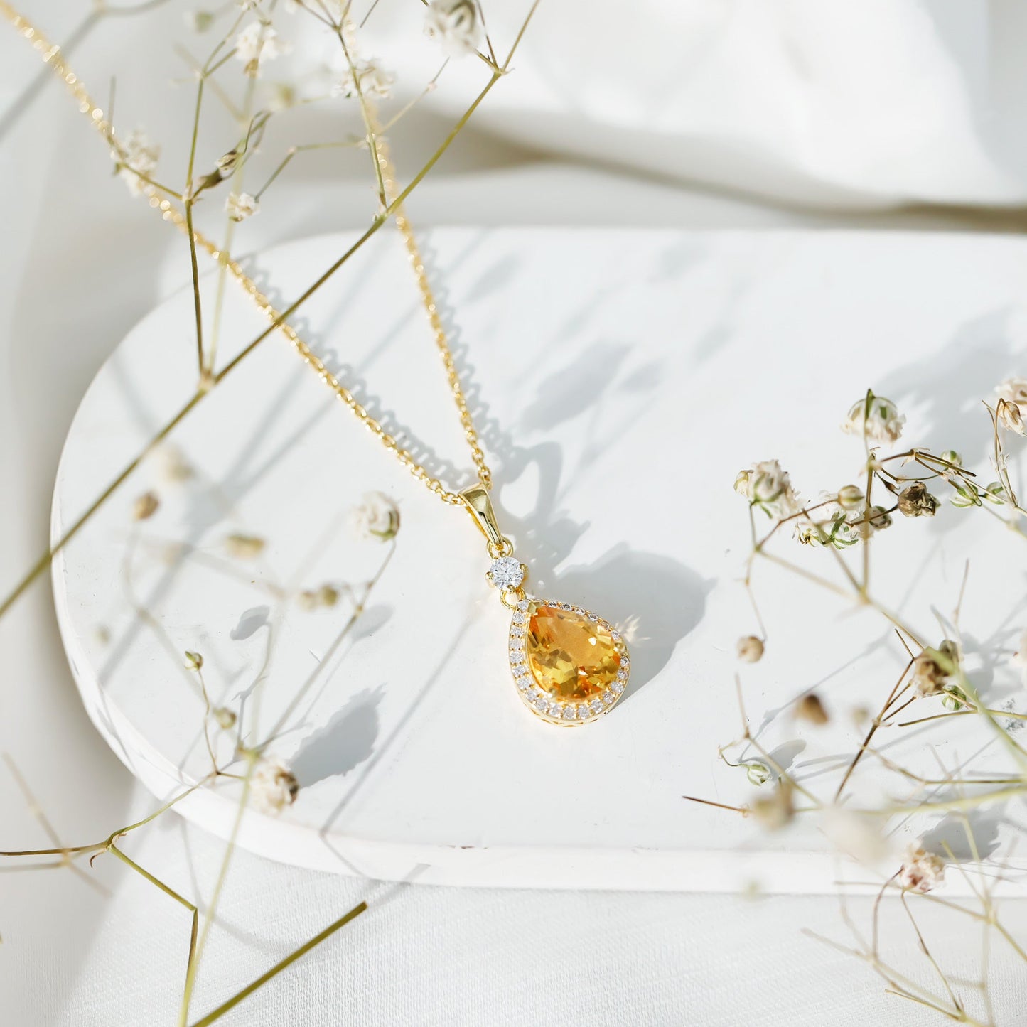 Certified 2 Carat Citrine Teardrop Pendant Necklace with Diamond Halo
