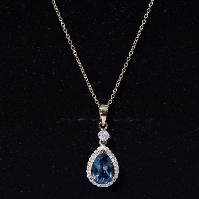 Certified London Blue Topaz Teardrop Necklace with Moissanite Halo