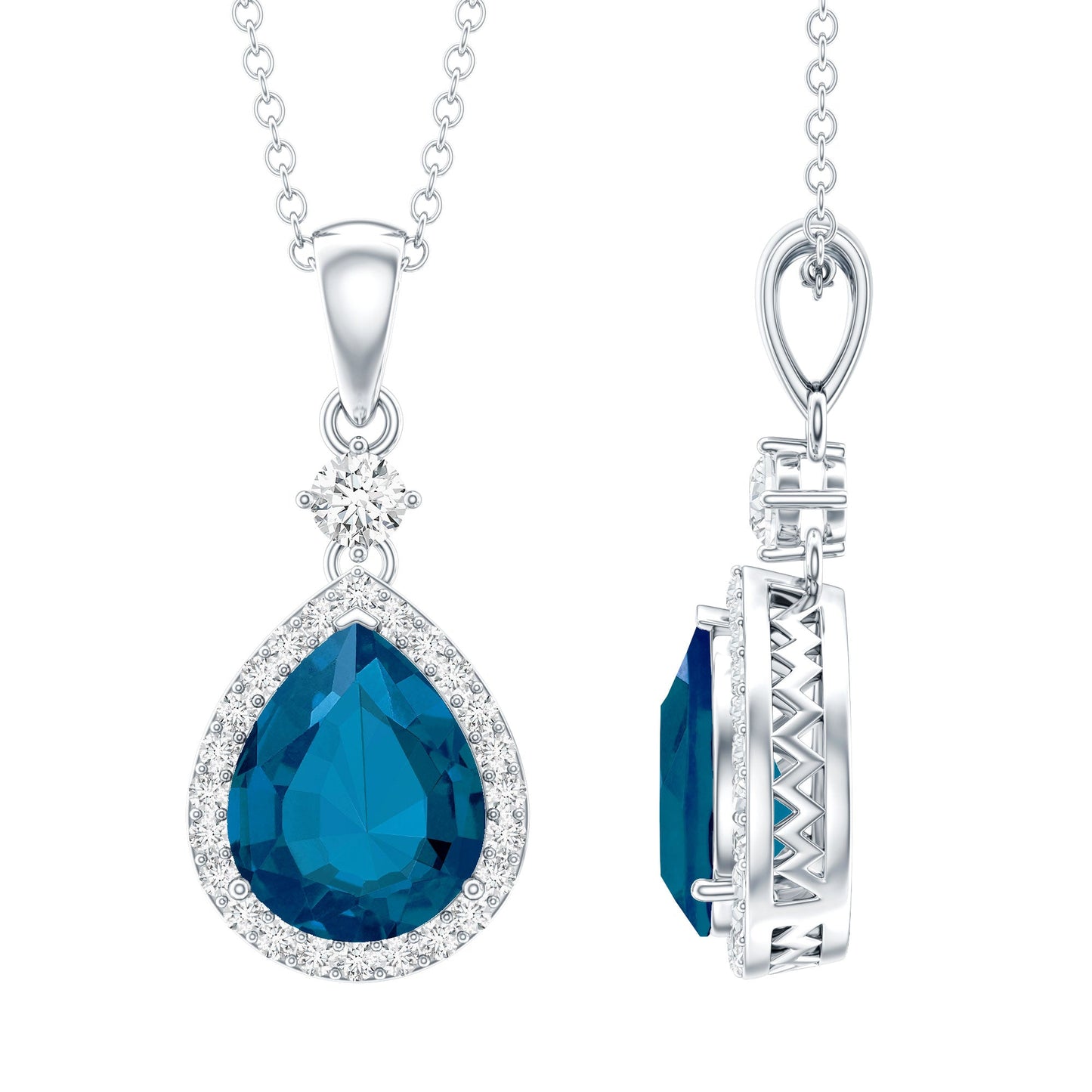 1.75 Carat London Blue Topaz Teardrop Necklace with Moissanite Halo