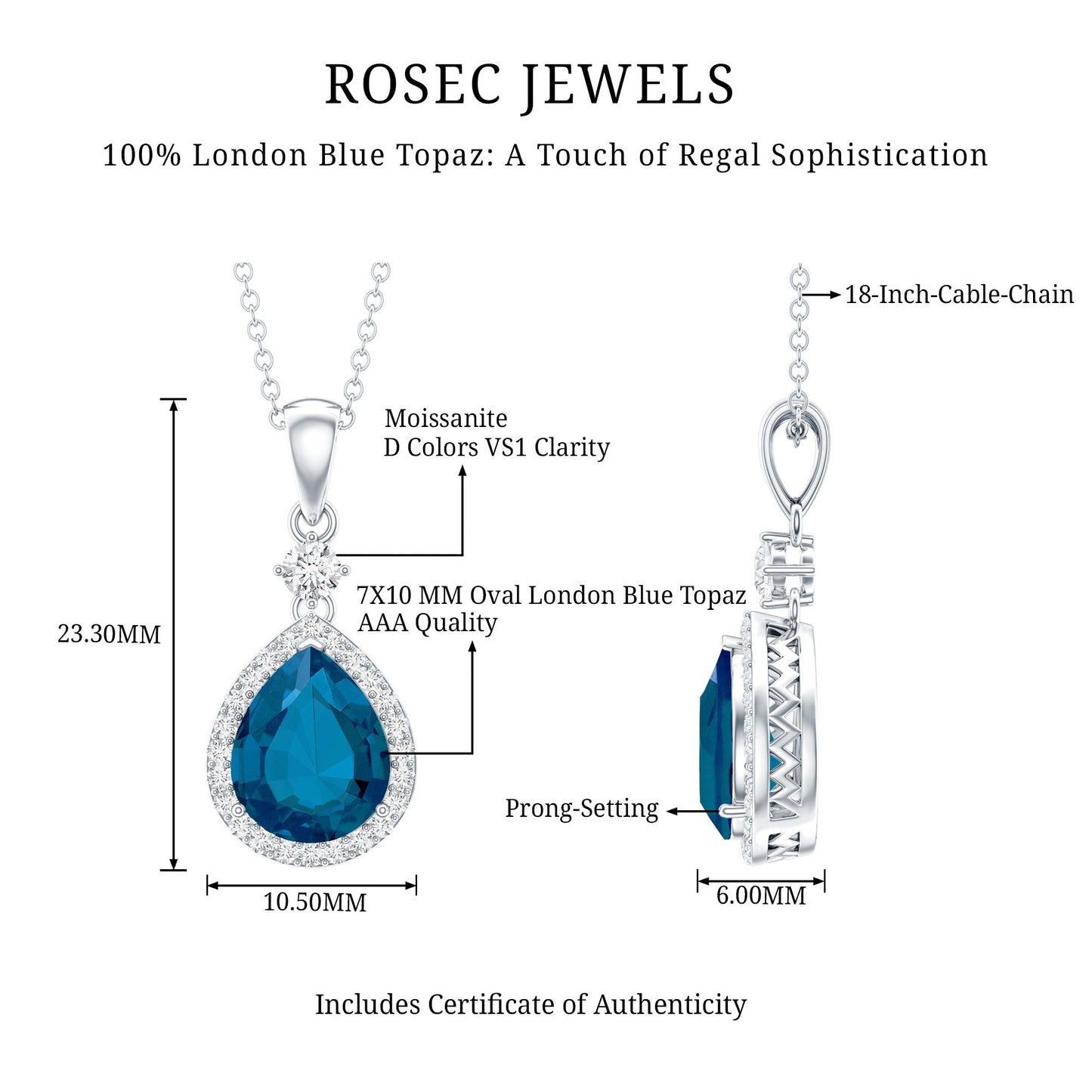 1.75 Carat London Blue Topaz Teardrop Necklace with Moissanite Halo