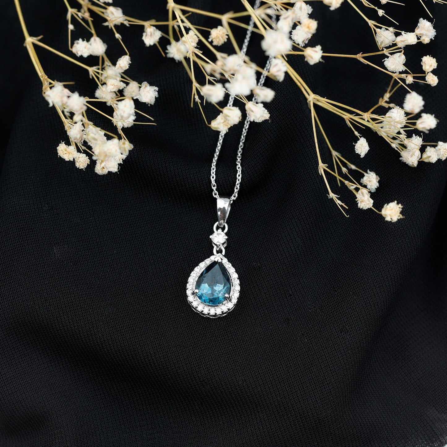 Certified London Blue Topaz Teardrop Necklace with Moissanite Halo