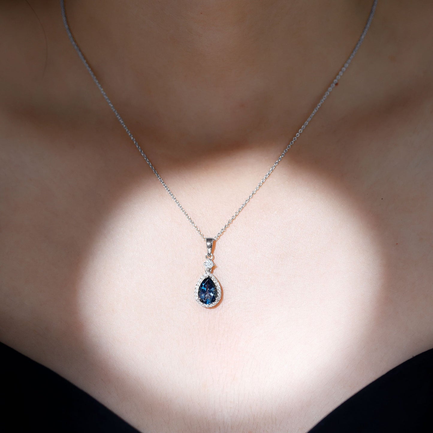 1.75 Carat London Blue Topaz Teardrop Necklace with Moissanite Halo
