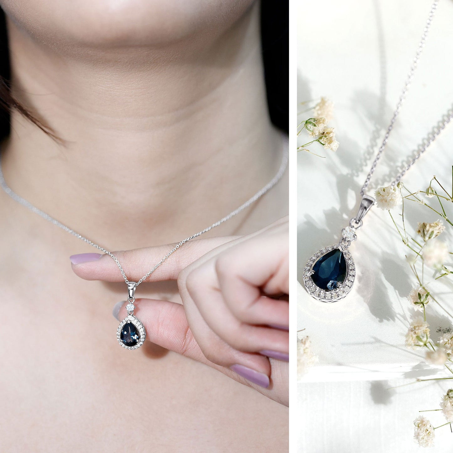 1.75 Carat London Blue Topaz Teardrop Necklace with Moissanite Halo