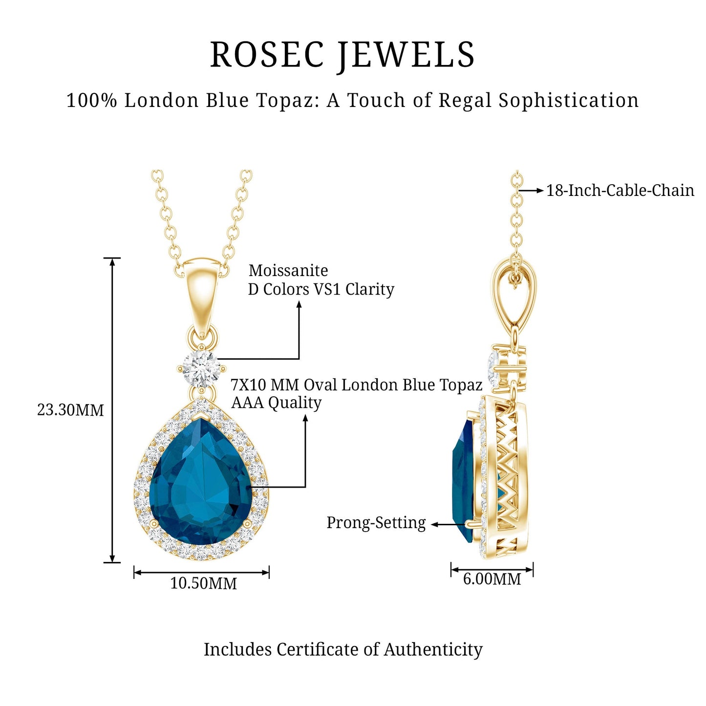 Certified London Blue Topaz Teardrop Necklace with Moissanite Halo