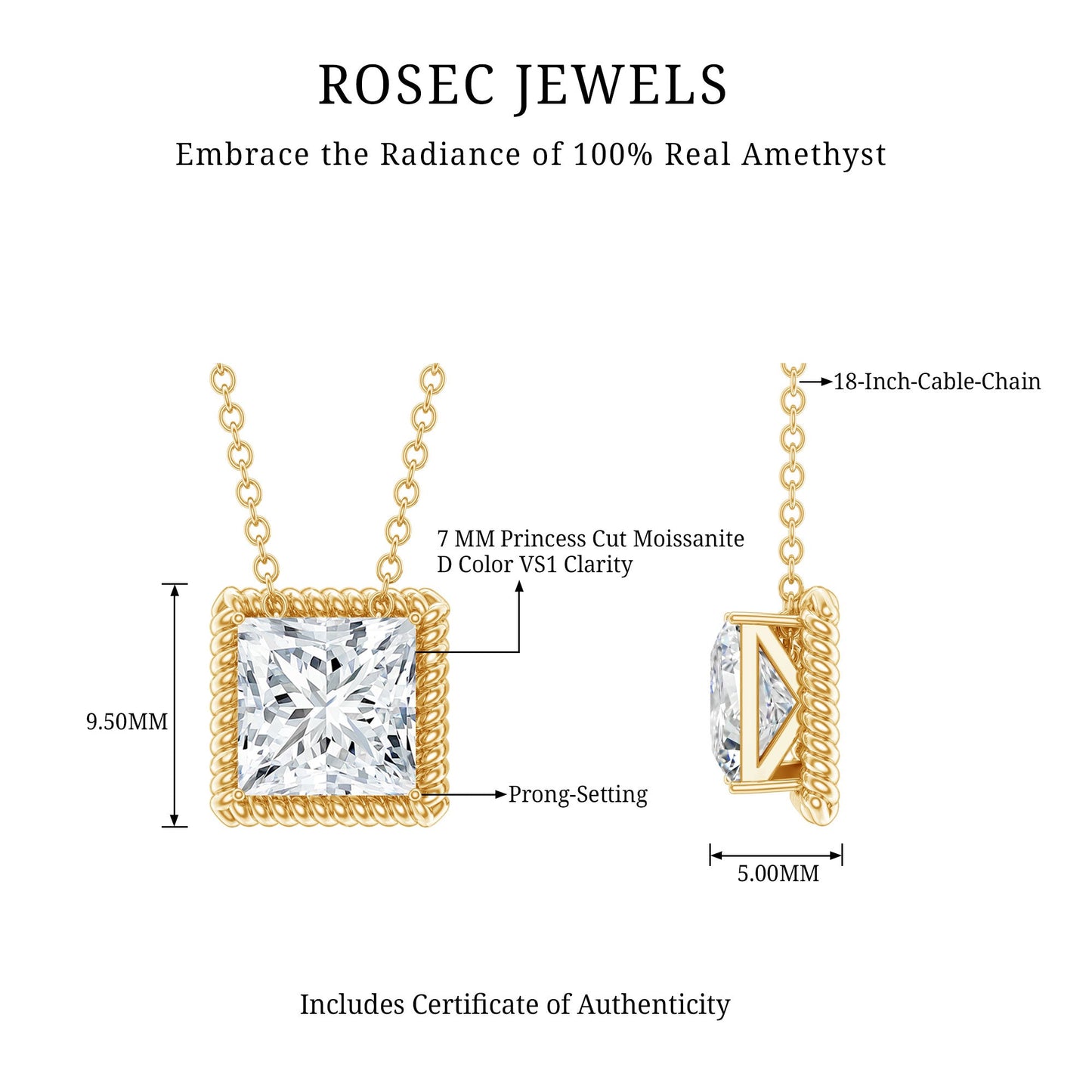 2 Carat Princess Cut Moissanite Solitaire Necklace with Rope Frame