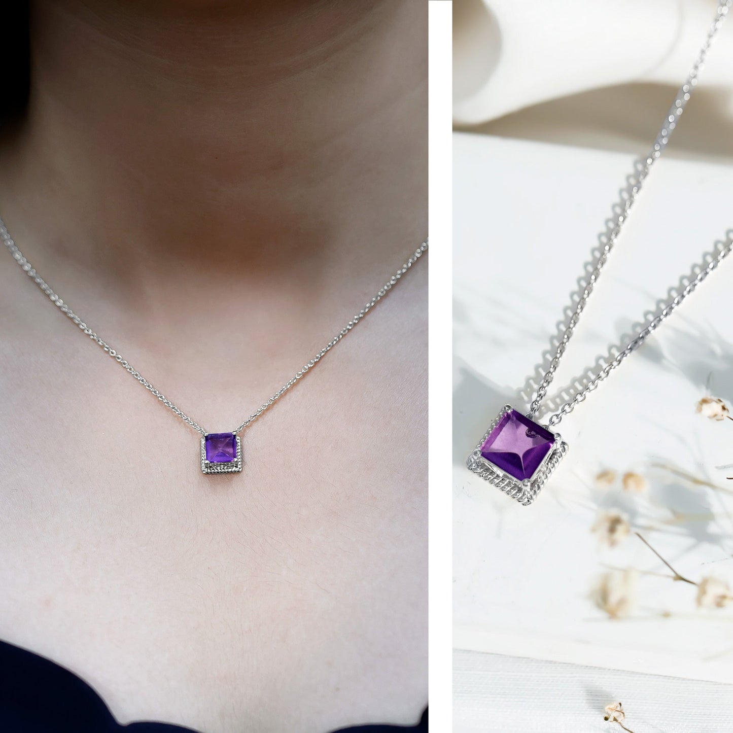 Princess Cut 1.5 Carat Amethyst Solitaire Necklace in Sterling Silver