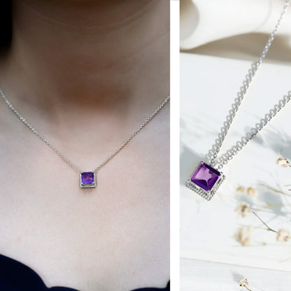 Princess Cut 1.5 Carat Amethyst Solitaire Necklace in Sterling Silver