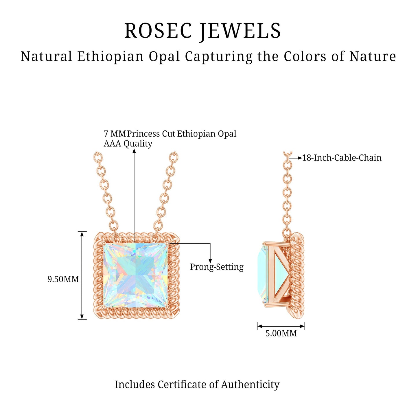 2 Carat Princess Cut Ethiopian Opal Solitaire Necklace with Rope Frame