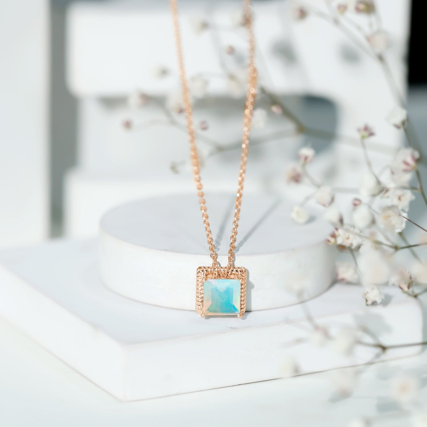 2 Carat Princess Cut Ethiopian Opal Solitaire Necklace with Rope Frame