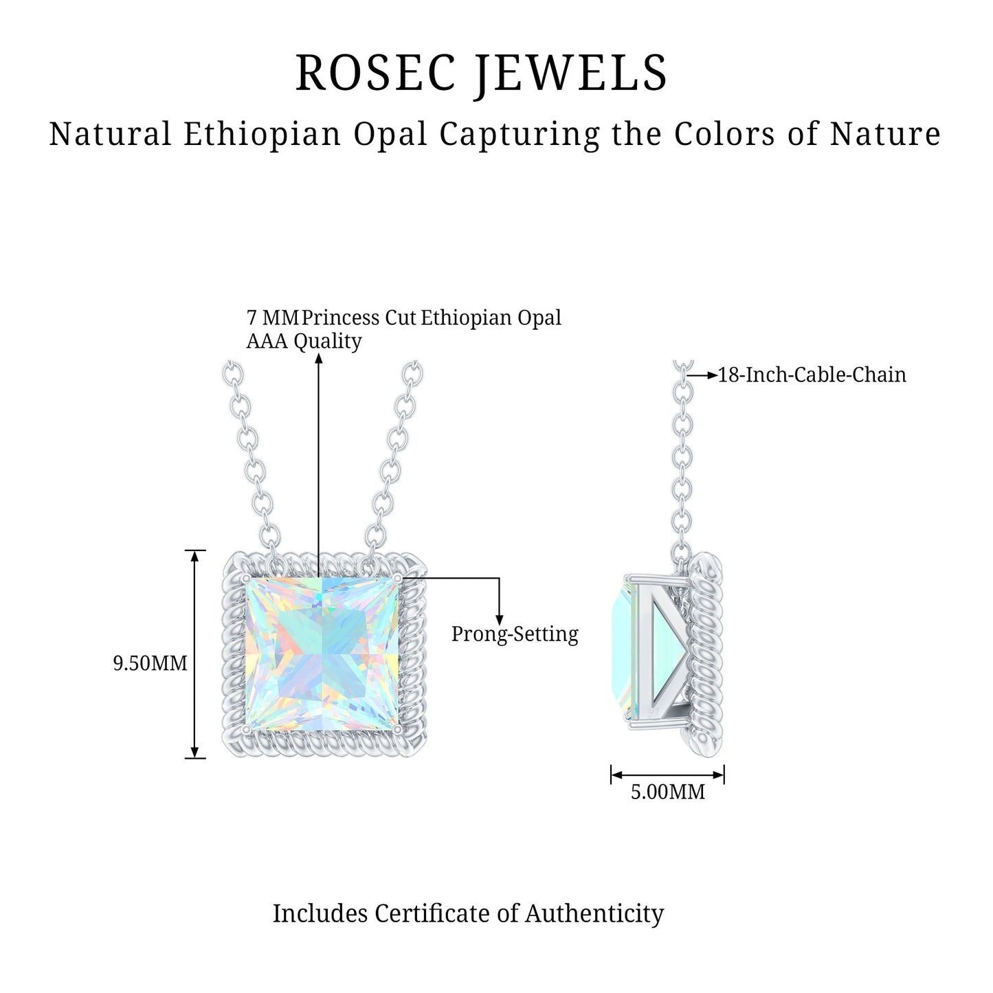 2 Carat Princess Cut Ethiopian Opal Solitaire Necklace with Rope Frame