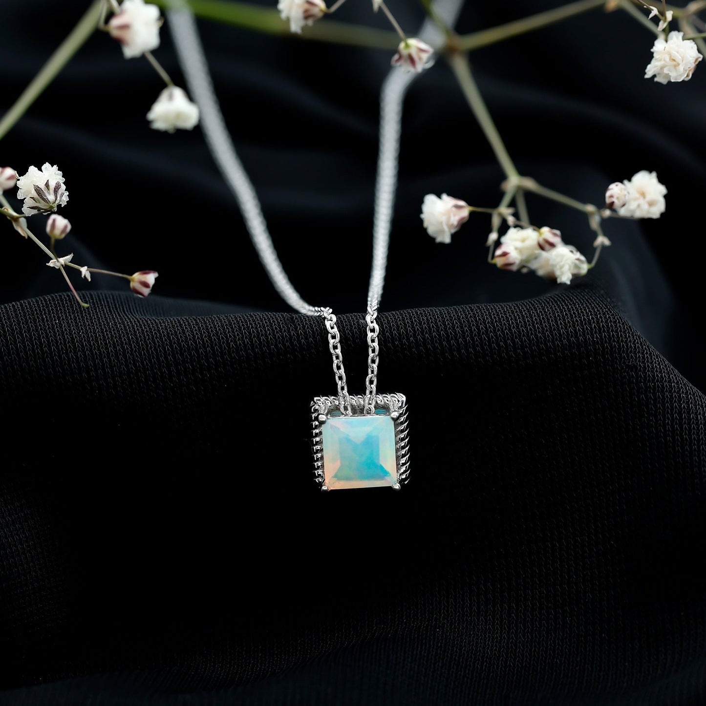 2 Carat Princess Cut Ethiopian Opal Solitaire Necklace with Rope Frame