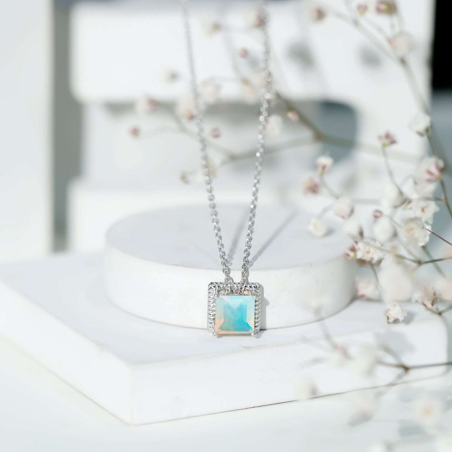2 Carat Princess Cut Ethiopian Opal Solitaire Necklace with Rope Frame