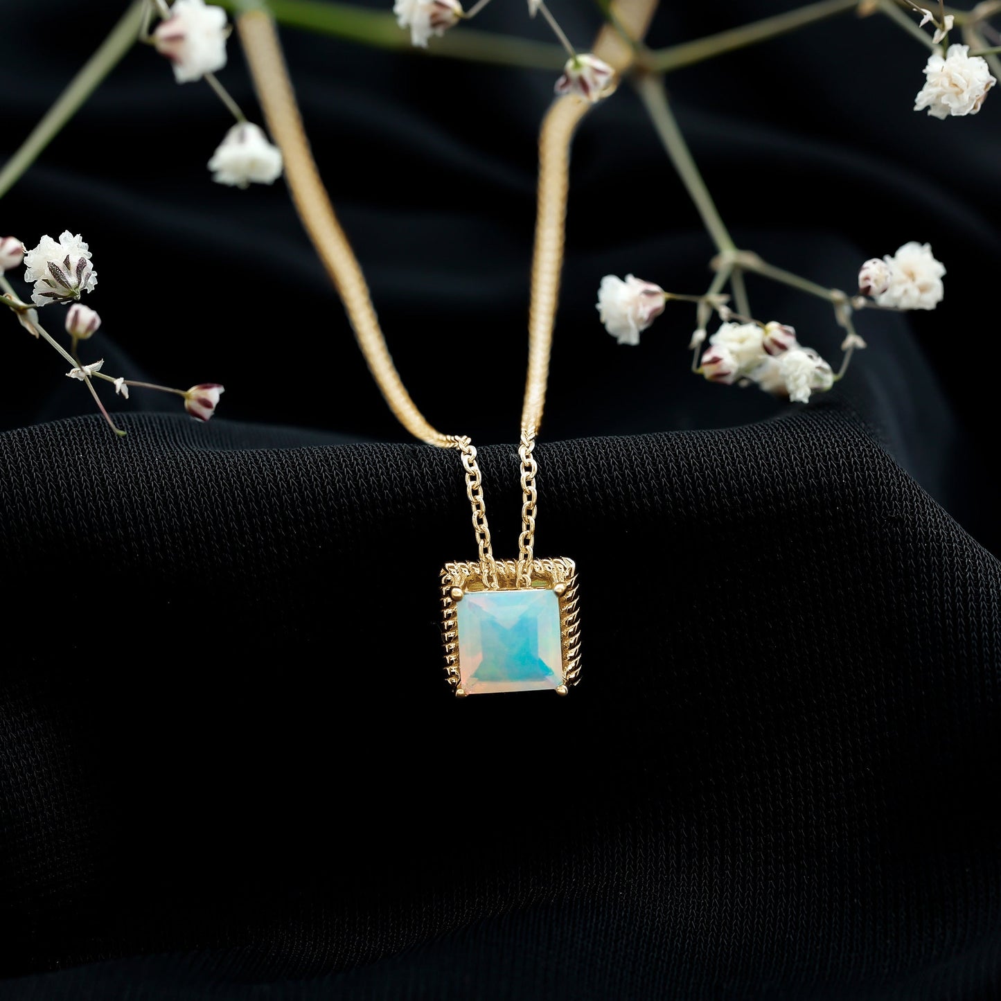 2 Carat Princess Cut Ethiopian Opal Solitaire Necklace with Rope Frame