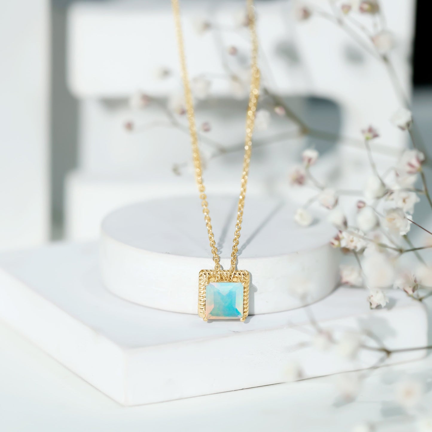 2 Carat Princess Cut Ethiopian Opal Solitaire Necklace with Rope Frame